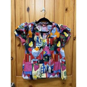 THML Yellow Multi Print Frill Neck Tie Tassel Short Layered Sleeve Top Boho Sz S